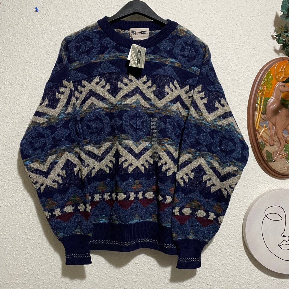 Deadstock JT Beckett Sweater Mens L wool blend‎ Blue Beige Aztec Pullover Vtg